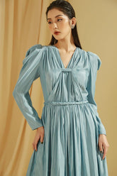 Silk Midi Dress with Pleated Draping, Puff Sleeves, and Braided Waist Detail for Timeless Elegance